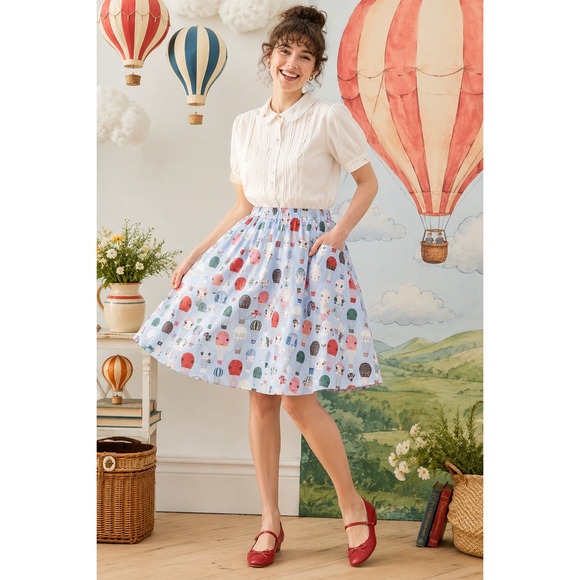Modcloth Dresses & Skirts - ModCloth Hot Air Balloon Print A-Line Skirt Blue Cotton XL Pocket Retro Style